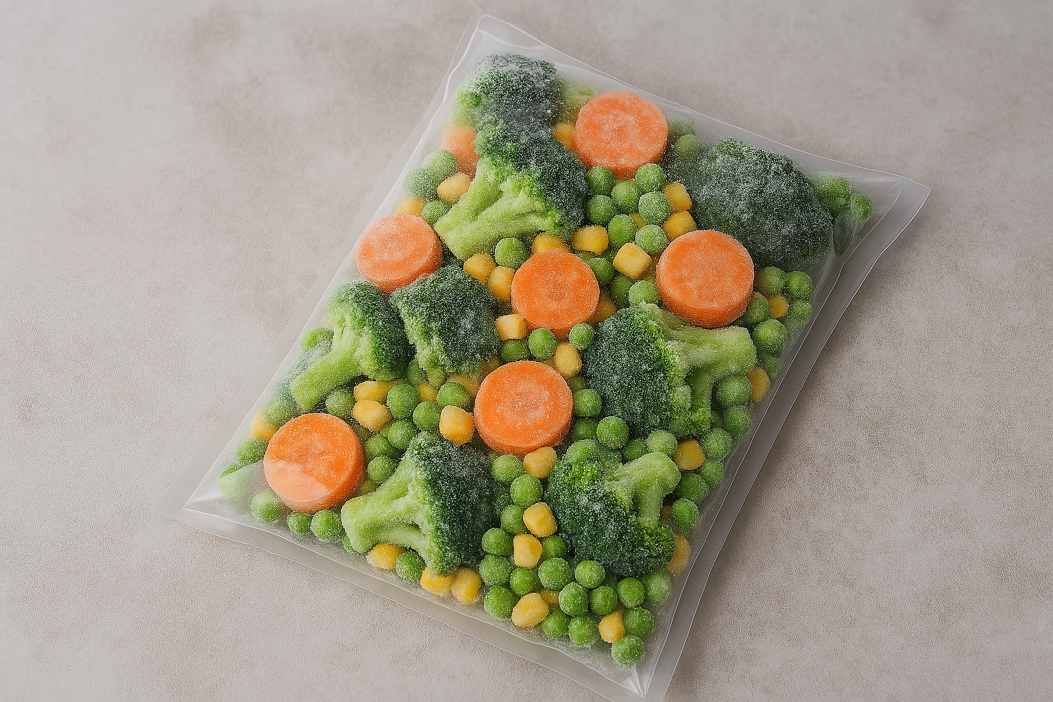 Berbagai sayuran beku dalam kemasan praktis termasuk brokoli, wortel, dan jagung
