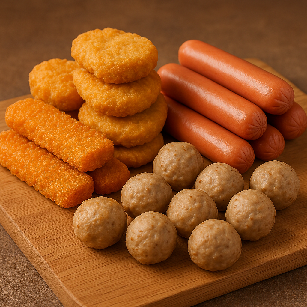 Makanan siap saji beku seperti nugget, sosis, dan bakso dengan berbagai variasi