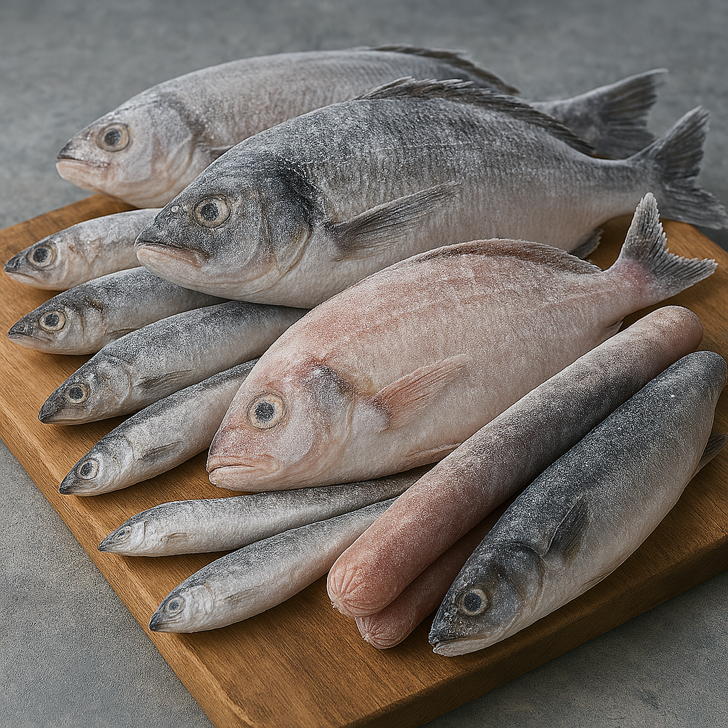 Makanan laut beku termasuk udang, cumi, kerang, dan ikan fillet
